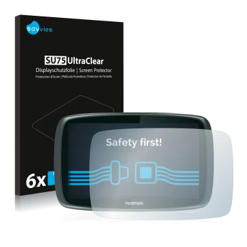 Face avant d’un emballage produit avec le logo de la marque Savvies. À côté, l’appareil TomTom GO 6000 est représenté avec la 