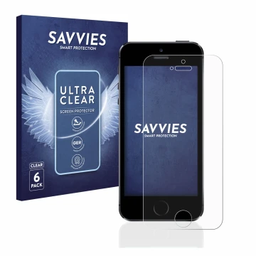 Face avant d’un emballage produit avec le logo de la marque Savvies. À côté, l’appareil Apple iPhone 5S est représenté avec la