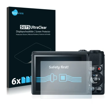 Face avant d’un emballage produit avec le logo de la marque Savvies. À côté, l’appareil Canon PowerShot S120 est représenté av