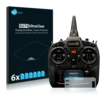 Face avant d’un emballage produit avec le logo de la marque Savvies. À côté, l’appareil Spektrum DX9 est représenté avec la pr