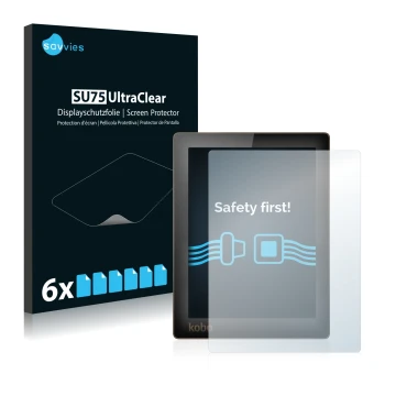 Face avant d’un emballage produit avec le logo de la marque Savvies. À côté, l’appareil Kobo Aura est représenté avec la prote