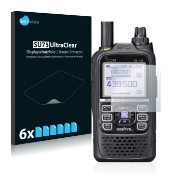 Face avant d’un emballage produit avec le logo de la marque Savvies. À côté, l’appareil Icom ID-51 est représenté avec la prot