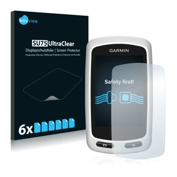 Face avant d’un emballage produit avec le logo de la marque Savvies. À côté, l’appareil Garmin Edge Touring Plus est représent