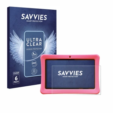 Face avant d’un emballage produit avec le logo de la marque Savvies. À côté, l’appareil Contixo Kids 7