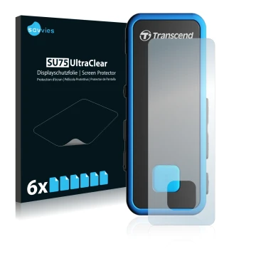 Face avant d’un emballage produit avec le logo de la marque Savvies. À côté, l’appareil Transcend MP350 est représenté avec la