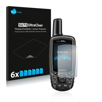 Face avant d’un emballage produit avec le logo de la marque Savvies. À côté, l’appareil Garmin GPSMAP 64st est représenté avec