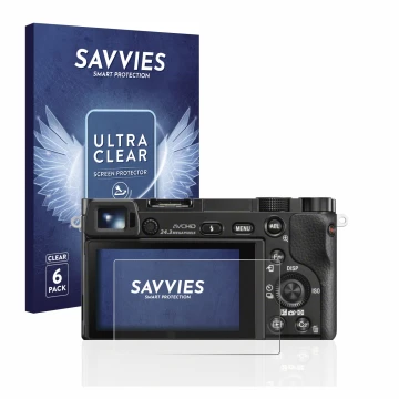 Face avant d’un emballage produit avec le logo de la marque Savvies. À côté, l’appareil Sony Alpha 6000 est représenté avec la