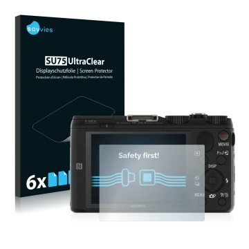 Face avant d’un emballage produit avec le logo de la marque Savvies. À côté, l’appareil Sony Cyber-Shot DSC-HX60V est représen