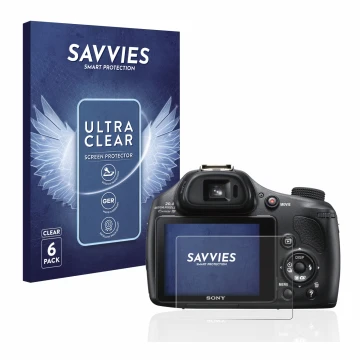 Face avant d’un emballage produit avec le logo de la marque Savvies. À côté, l’appareil Sony Cyber-Shot DSC-HX400V est représe