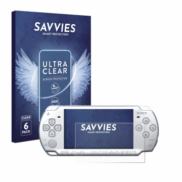 Face avant d’un emballage produit avec le logo de la marque Savvies. À côté, l’appareil Sony PSP 2004 est représenté avec la p