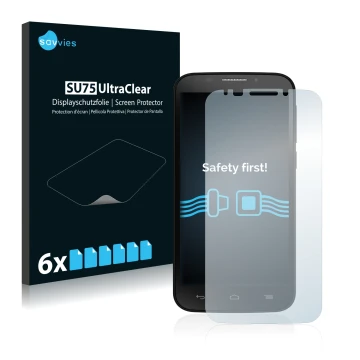 Face avant d’un emballage produit avec le logo de la marque Savvies. À côté, l’appareil Alcatel One Touch Pop S7 (Smartphone) 