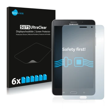 Face avant d’un emballage produit avec le logo de la marque Savvies. À côté, l’appareil Samsung Galaxy Tab Tab 4 7.0 LTE est r