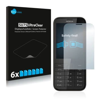 Face avant d’un emballage produit avec le logo de la marque Savvies. À côté, l’appareil Nokia 225 est représenté avec la prote