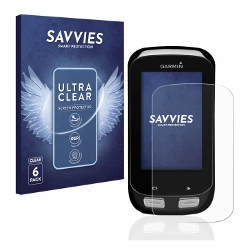 Face avant d’un emballage produit avec le logo de la marque Savvies. À côté, l’appareil Garmin Edge 1000 est représenté avec l