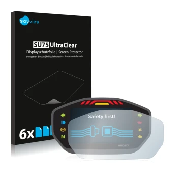 Face avant d’un emballage produit avec le logo de la marque Savvies. À côté, l’appareil Ducati Monster 1200S Colour-TFT-Displa