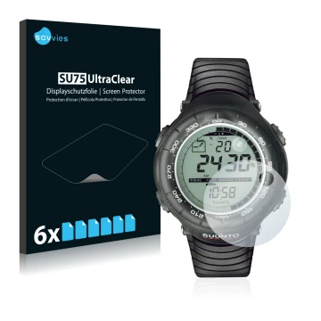 Face avant d’un emballage produit avec le logo de la marque Savvies. À côté, l’appareil Suunto Vector Black est représenté ave