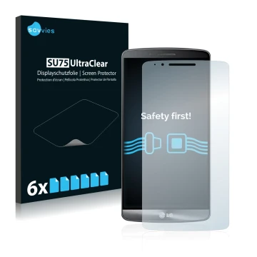 Face avant d’un emballage produit avec le logo de la marque Savvies. À côté, l’appareil LG G3 Cat. 6 est représenté avec la pr