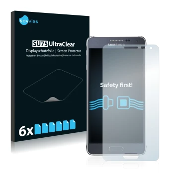 Face avant d’un emballage produit avec le logo de la marque Savvies. À côté, l’appareil Samsung Galaxy Alpha SM-G850F est repr