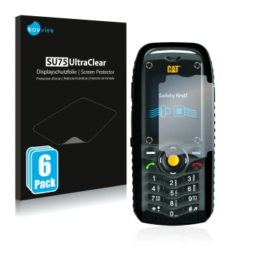 Face avant d’un emballage produit avec le logo de la marque Savvies. À côté, l’appareil Caterpillar Cat B25 est représenté ave