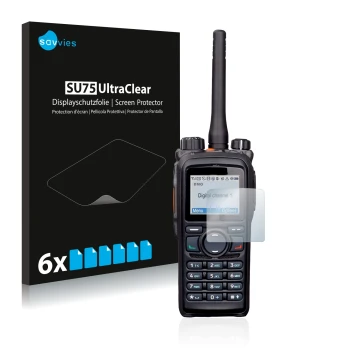 Face avant d’un emballage produit avec le logo de la marque Savvies. À côté, l’appareil Hytera PD785 est représenté avec la pr