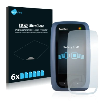 Face avant d’un emballage produit avec le logo de la marque Savvies. À côté, l’appareil CompeGPS TwoNav Anima est représenté a