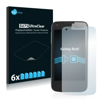Face avant d’un emballage produit avec le logo de la marque Savvies. À côté, l’appareil Prestigio MultiPhone 8400 DUO PSP8400D