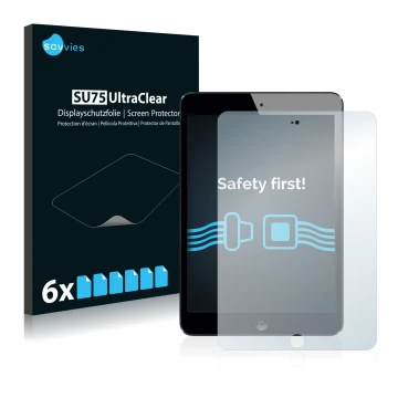 Face avant d’un emballage produit avec le logo de la marque Savvies. À côté, l’appareil Apple iPad Mini 3 2014 est représenté 