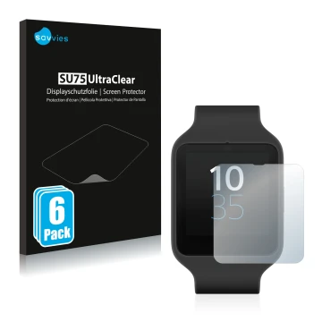 Face avant d’un emballage produit avec le logo de la marque Savvies. À côté, l’appareil Sony Smartwatch 3 SWR50 est représenté