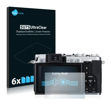 Face avant d’un emballage produit avec le logo de la marque Savvies. À côté, l’appareil Fujifilm X30 est représenté avec la pr