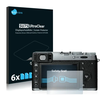 Face avant d’un emballage produit avec le logo de la marque Savvies. À côté, l’appareil Fujifilm X100T est représenté avec la 