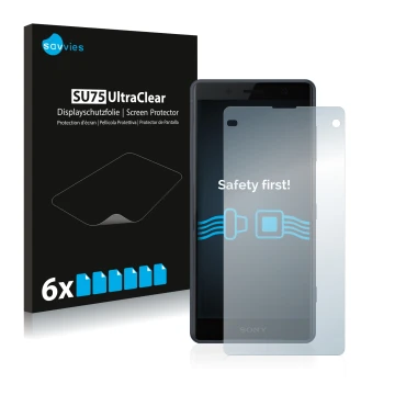 Face avant d’un emballage produit avec le logo de la marque Savvies. À côté, l’appareil Sony Xperia Z2 Compact est représenté 
