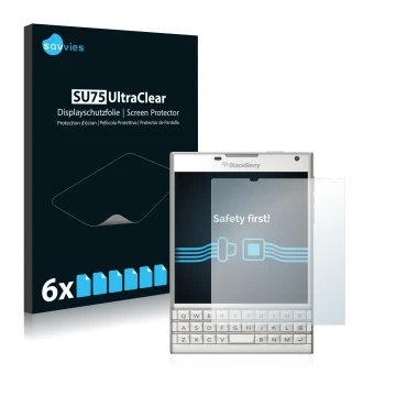 Face avant d’un emballage produit avec le logo de la marque Savvies. À côté, l’appareil BlackBerry Passport est représenté ave