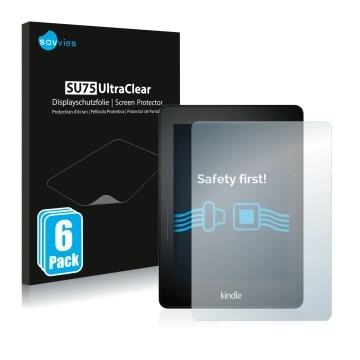 Face avant d’un emballage produit avec le logo de la marque Savvies. À côté, l’appareil Amazon Kindle Voyage est représenté av