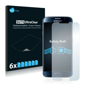 Face avant d’un emballage produit avec le logo de la marque Savvies. À côté, l’appareil Samsung Galaxy S6 est représenté avec 