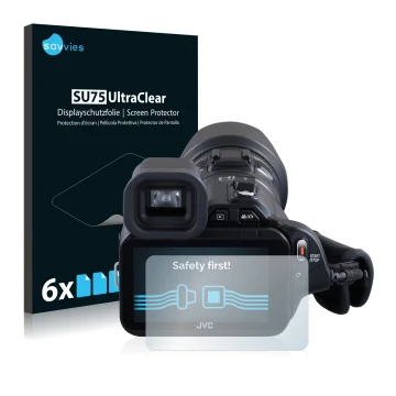 Face avant d’un emballage produit avec le logo de la marque Savvies. À côté, l’appareil JVC GC-PX100BEU est représenté avec la