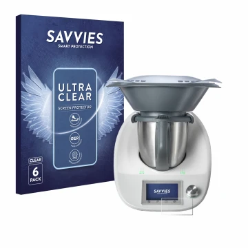 Face avant d’un emballage produit avec le logo de la marque Savvies. À côté, l’appareil Vorwerk Thermomix TM5 est représenté a