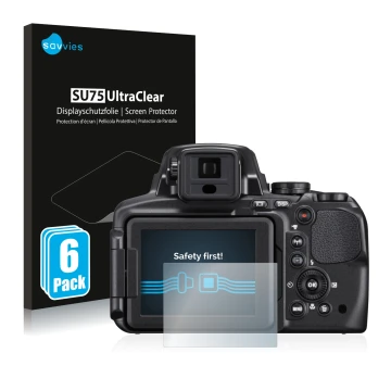 Face avant d’un emballage produit avec le logo de la marque Savvies. À côté, l’appareil Nikon Coolpix P900 est représenté avec