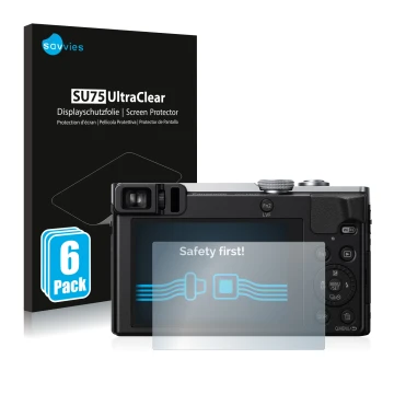 Face avant d’un emballage produit avec le logo de la marque Savvies. À côté, l’appareil Panasonic Lumix DMC-TZ71 est représent