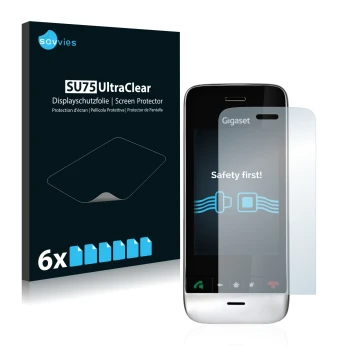 Face avant d’un emballage produit avec le logo de la marque Savvies. À côté, l’appareil Gigaset SL910 (découpe allongée) est r