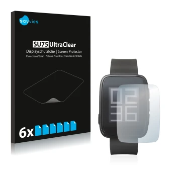 Face avant d’un emballage produit avec le logo de la marque Savvies. À côté, l’appareil GoClever Chronos Eco Smartwatch est re