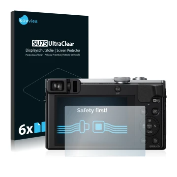 Face avant d’un emballage produit avec le logo de la marque Savvies. À côté, l’appareil Panasonic Lumix DMC-TZ70 est représent