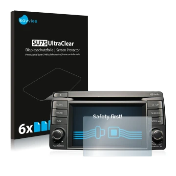 Face avant d’un emballage produit avec le logo de la marque Savvies. À côté, l’appareil Mazda CX-5 2012-2014 Infotainment Syst