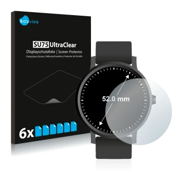 Face avant d’un emballage produit avec le logo de la marque Savvies. À côté, l’appareil Montres (Circulaire, ø: 52 mm) est rep
