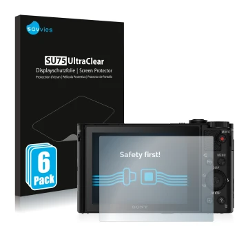 Face avant d’un emballage produit avec le logo de la marque Savvies. À côté, l’appareil Sony Cyber-Shot DSC-HX90V est représen