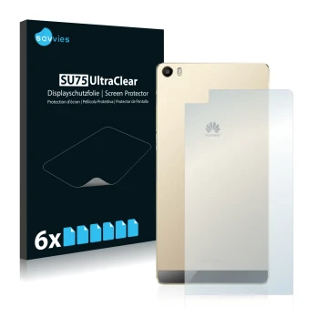 Face avant d’un emballage produit avec le logo de la marque Savvies. À côté, l’appareil Huawei P8 Max (Arrière) est représenté