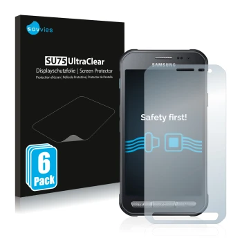 Face avant d’un emballage produit avec le logo de la marque Savvies. À côté, l’appareil Samsung Galaxy XCover 3 est représenté