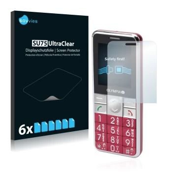 Face avant d’un emballage produit avec le logo de la marque Savvies. À côté, l’appareil Olympia Viva Plus est représenté avec 