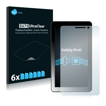 Face avant d’un emballage produit avec le logo de la marque Savvies. À côté, l’appareil Kiano Elegance 7 3G est représenté ave