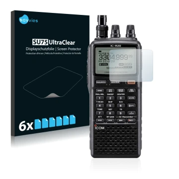 Face avant d’un emballage produit avec le logo de la marque Savvies. À côté, l’appareil Icom IC-R20 est représenté avec la pro