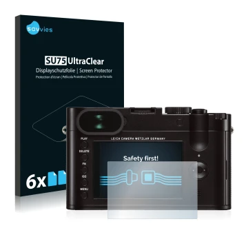 Face avant d’un emballage produit avec le logo de la marque Savvies. À côté, l’appareil Leica Q (Typ 116) est représenté avec 